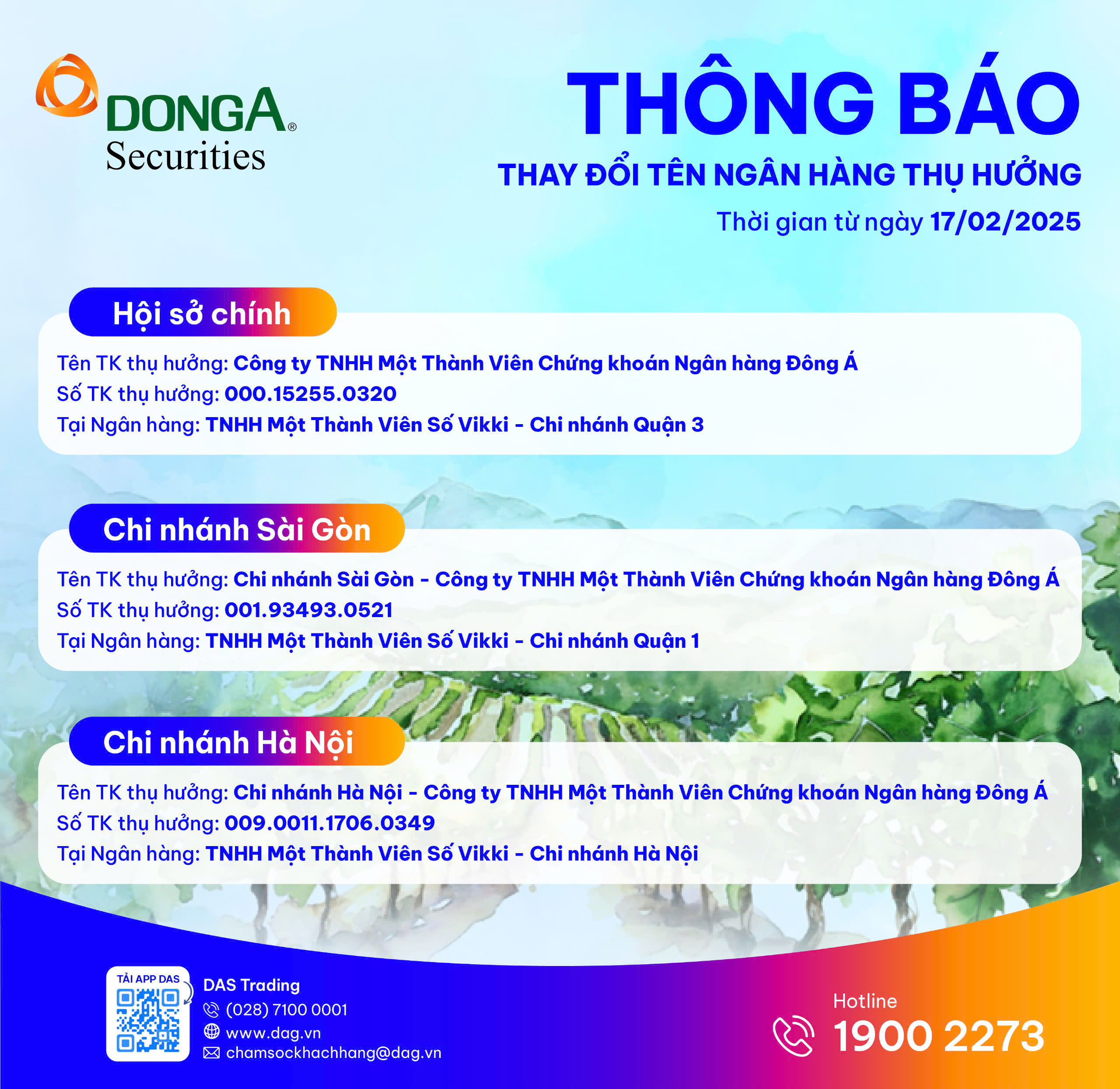 Thông báo thay đổi tên ngân hàng thụ hưởng